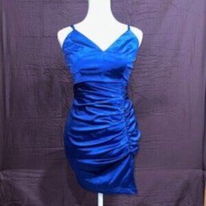 Blue Honey and Rosie Spaghetti Strap V-Neck Ruched Satin Bodycon Dress
